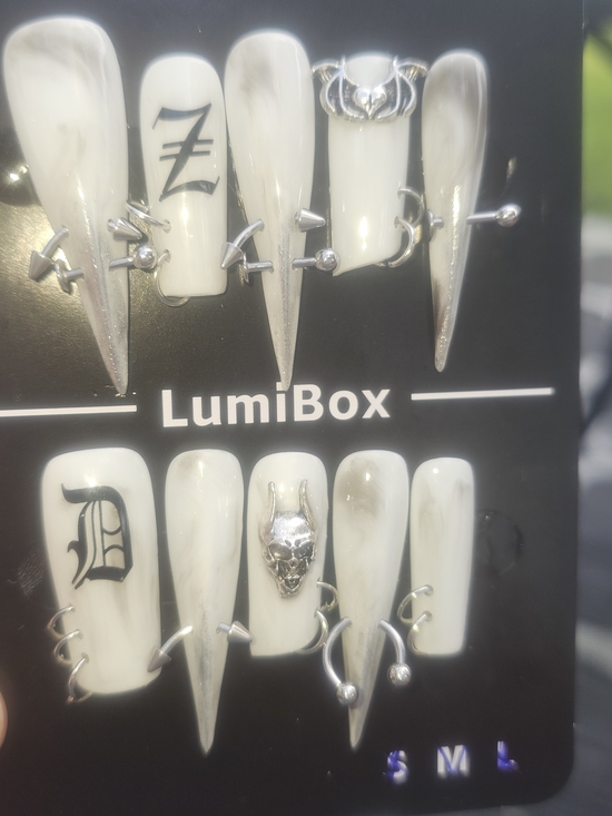 lumibox Other - LumiBox 3D Gothic Press On Nails White Marble Pierced Stiletto Alt Grunge Set Nw